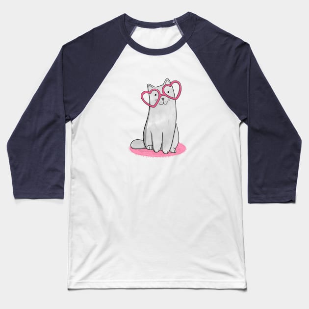 Grey Cat in Heart Glasses Baseball T-Shirt by Drawn to Cats